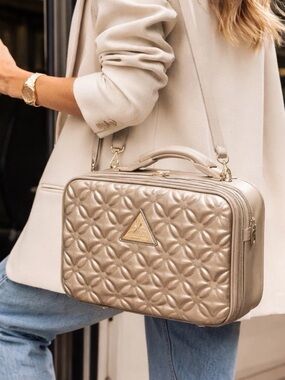 Triforce Metallic Taupe Cosmetic Case with Top Handle and Removable Strap